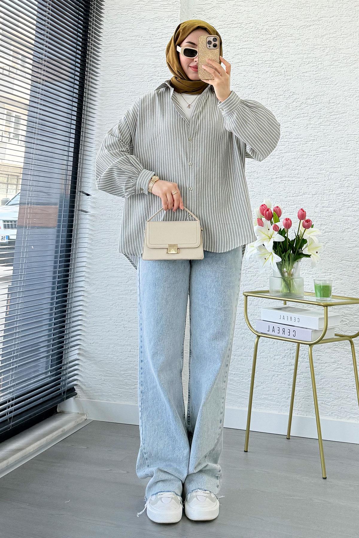 Çizgi Desen Oversize Kadın Gömlek – Gri