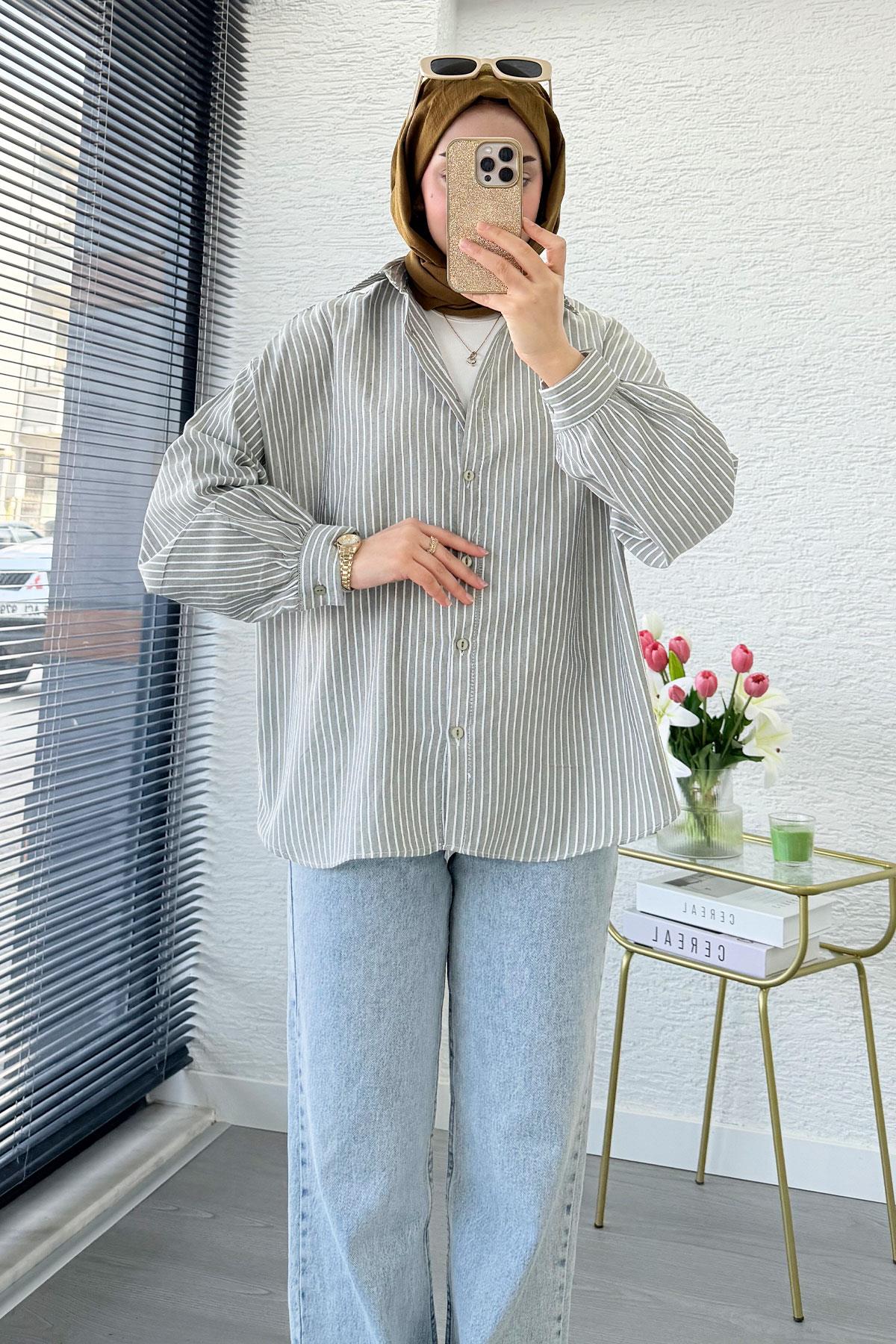 Çizgi Desen Oversize Kadın Gömlek – Gri
