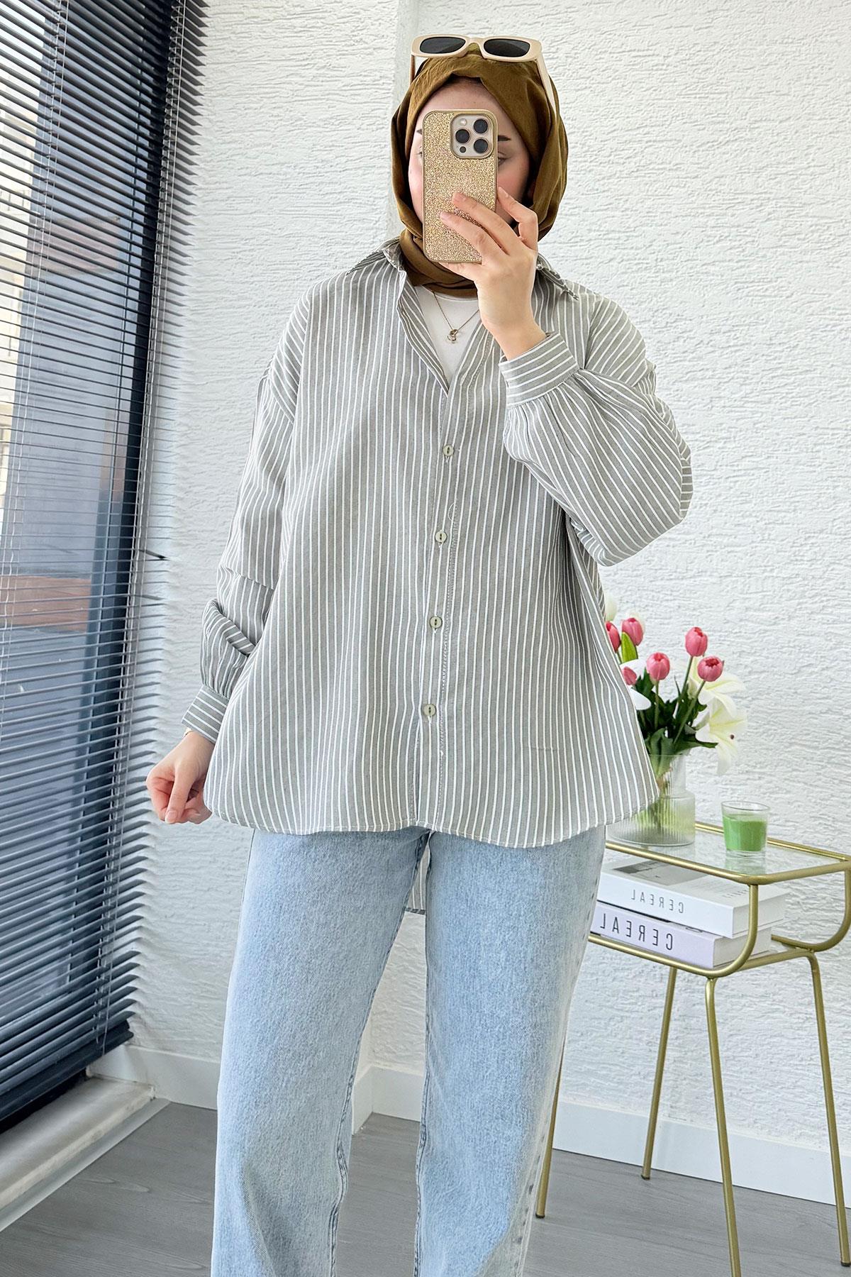 Çizgi Desen Oversize Kadın Gömlek – Gri