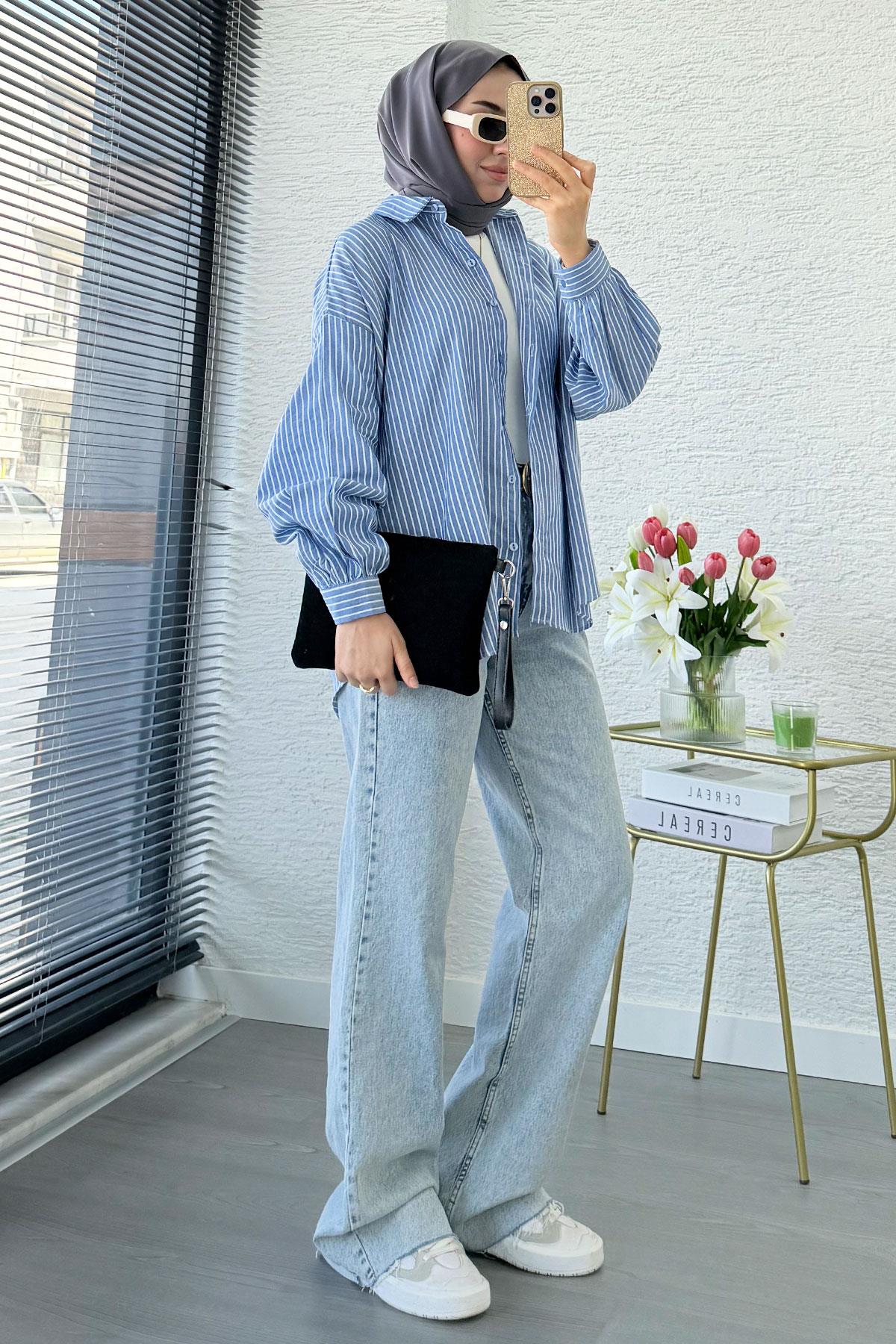 Çizgi Desen Oversize Kadın Gömlek – Lacivert