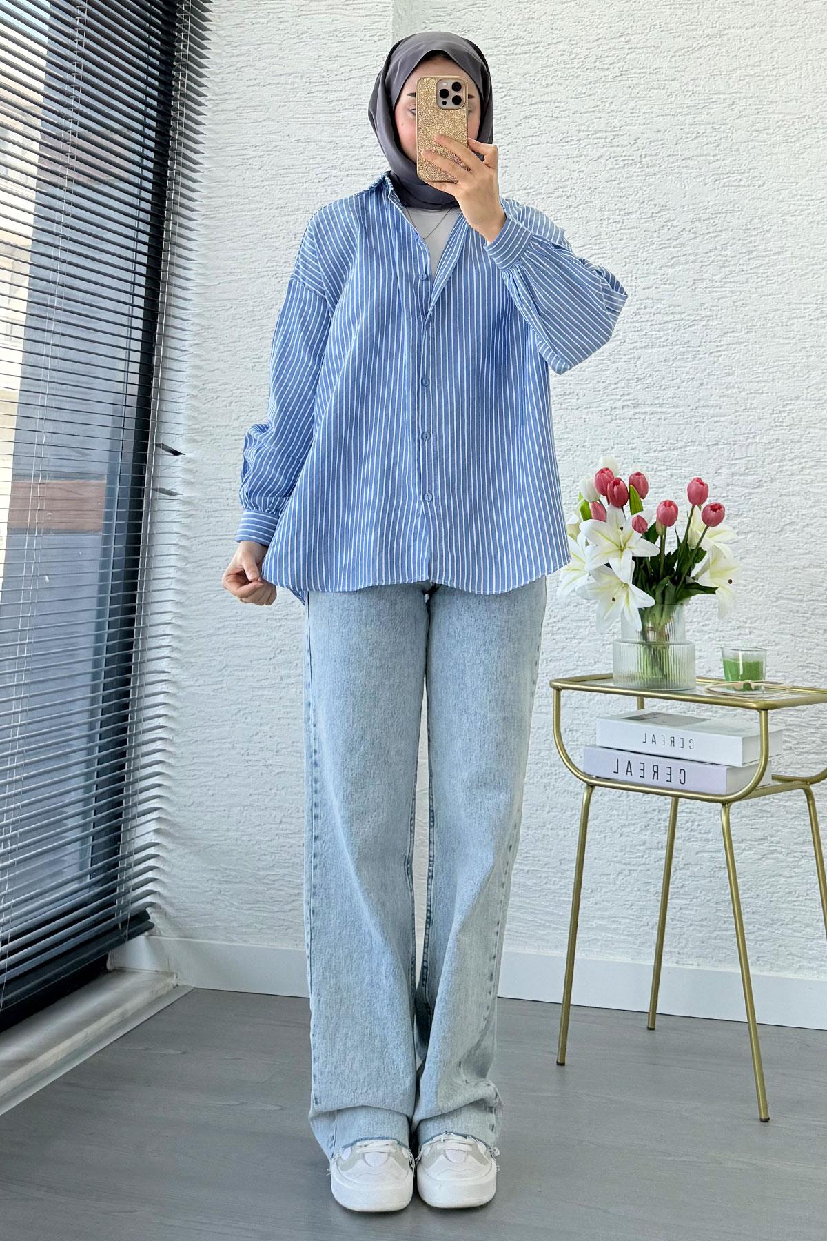 Çizgi Desen Oversize Kadın Gömlek – Lacivert