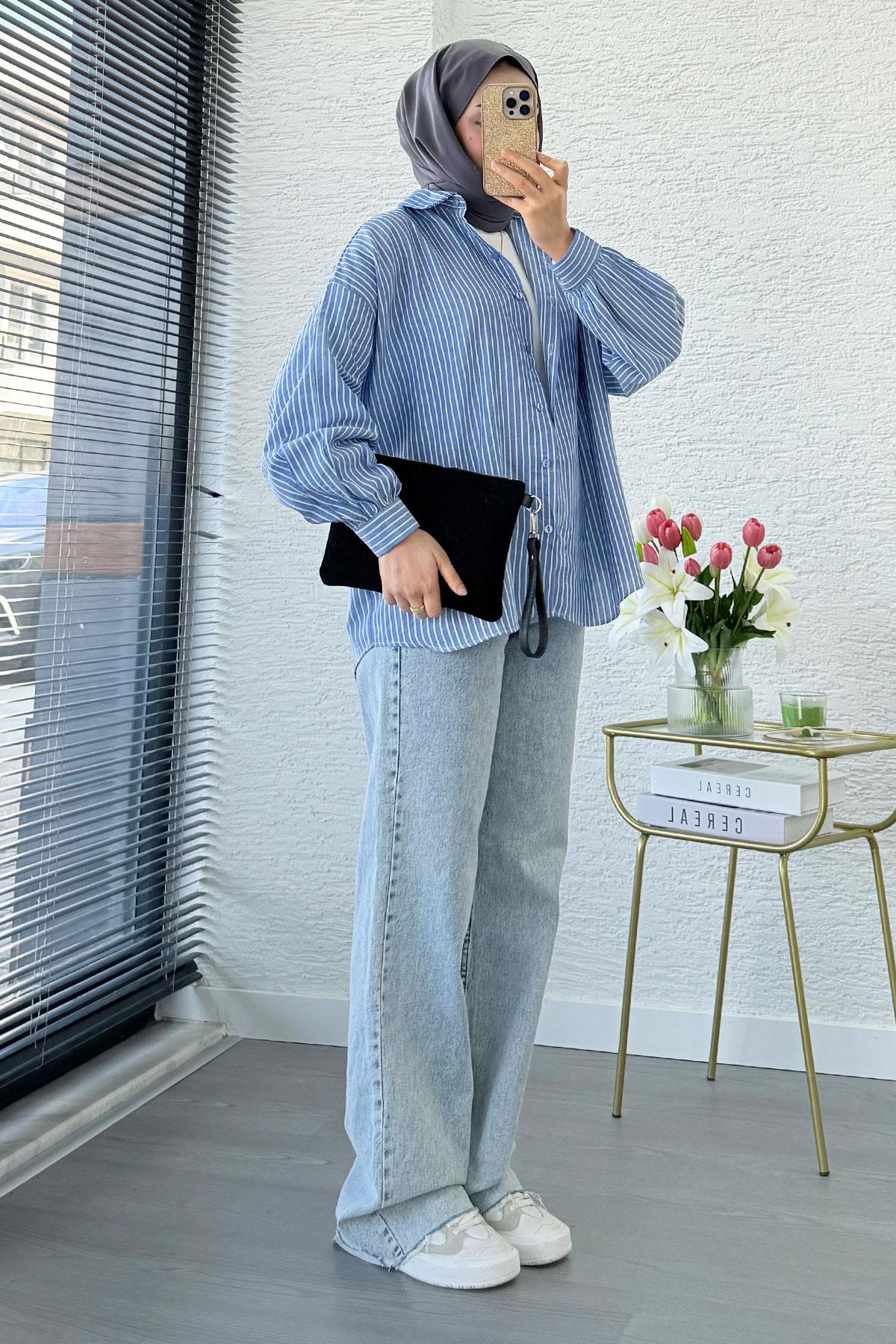Çizgi Desen Oversize Kadın Gömlek – Lacivert