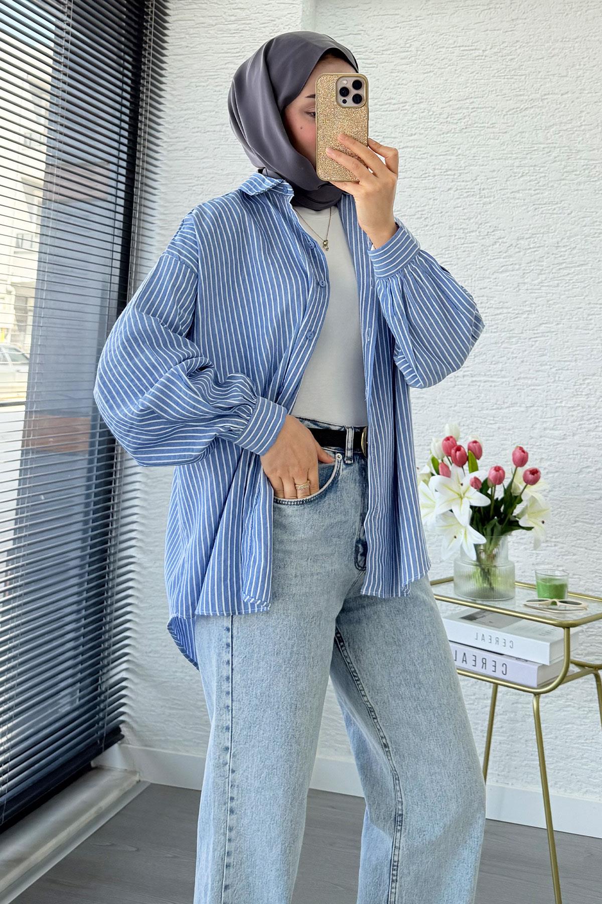 Çizgi Desen Oversize Kadın Gömlek – Lacivert