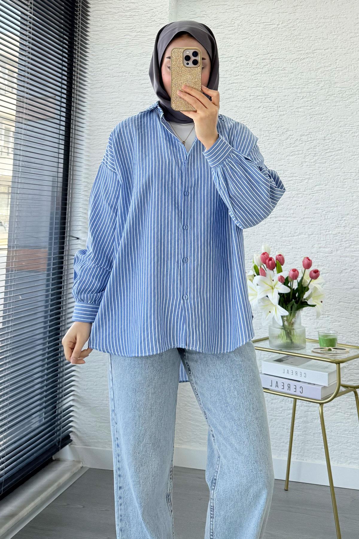 Çizgi Desen Oversize Kadın Gömlek – Lacivert