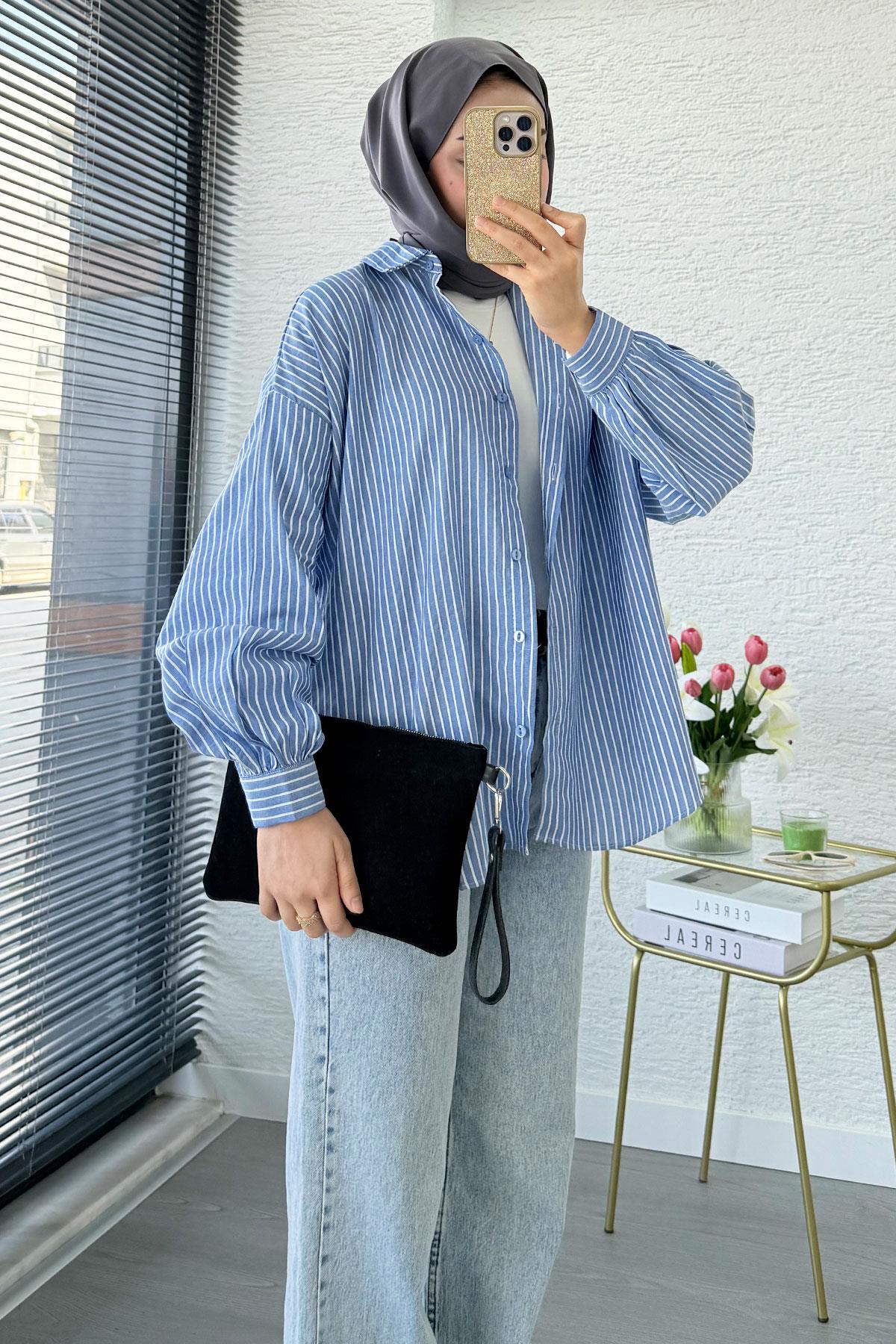 Çizgi Desen Oversize Kadın Gömlek – Lacivert
