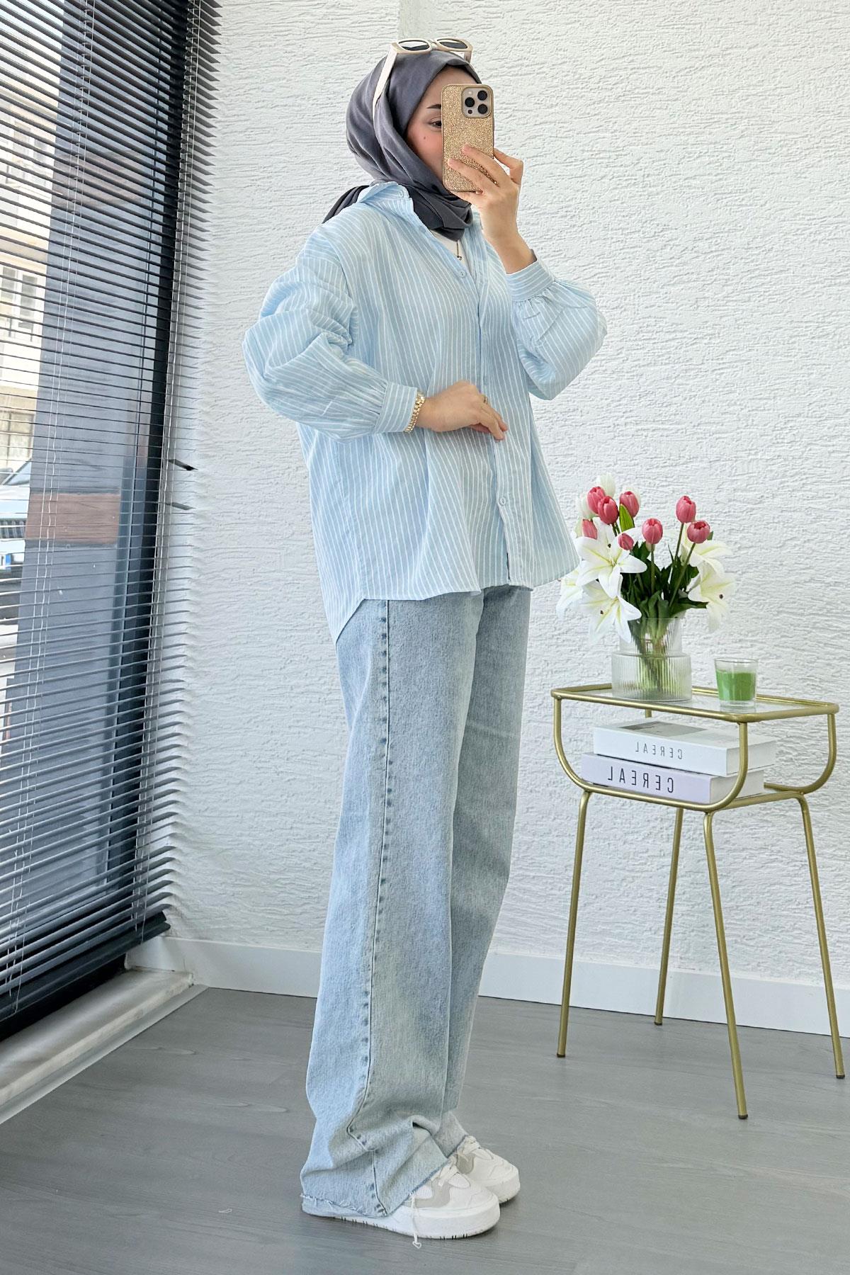 Çizgi Desen Oversize Kadın Gömlek – Mavi