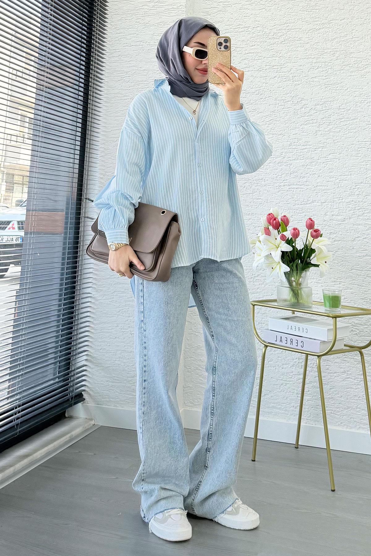 Çizgi Desen Oversize Kadın Gömlek – Mavi