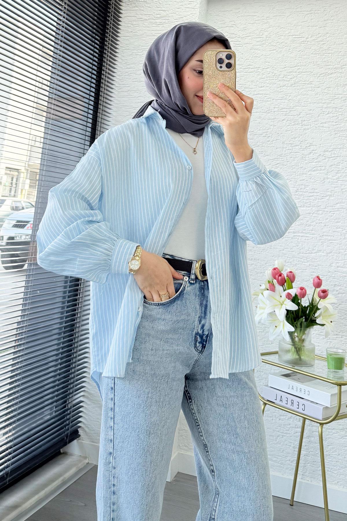 Çizgi Desen Oversize Kadın Gömlek – Mavi