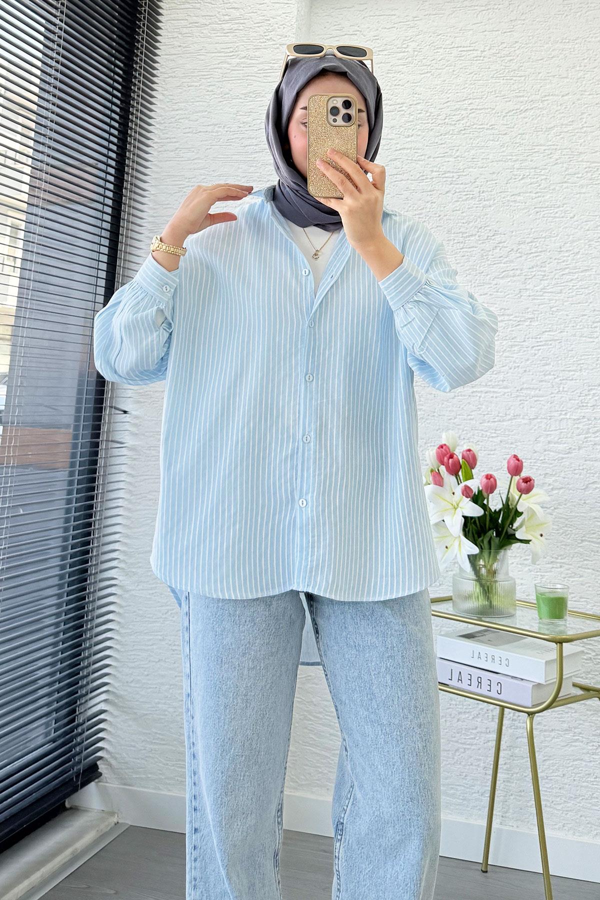 Çizgi Desen Oversize Kadın Gömlek – Mavi