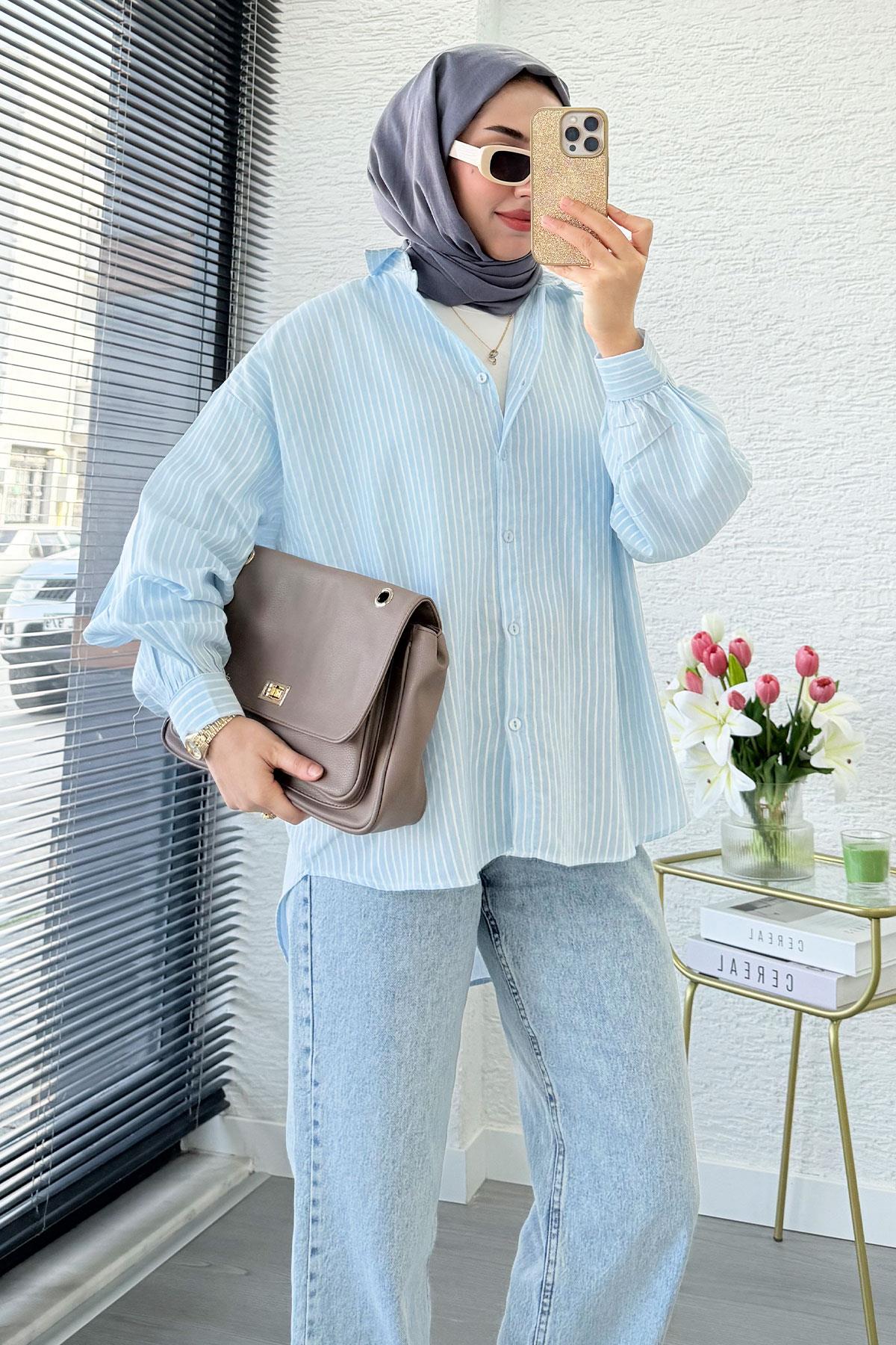 Çizgi Desen Oversize Kadın Gömlek – Mavi