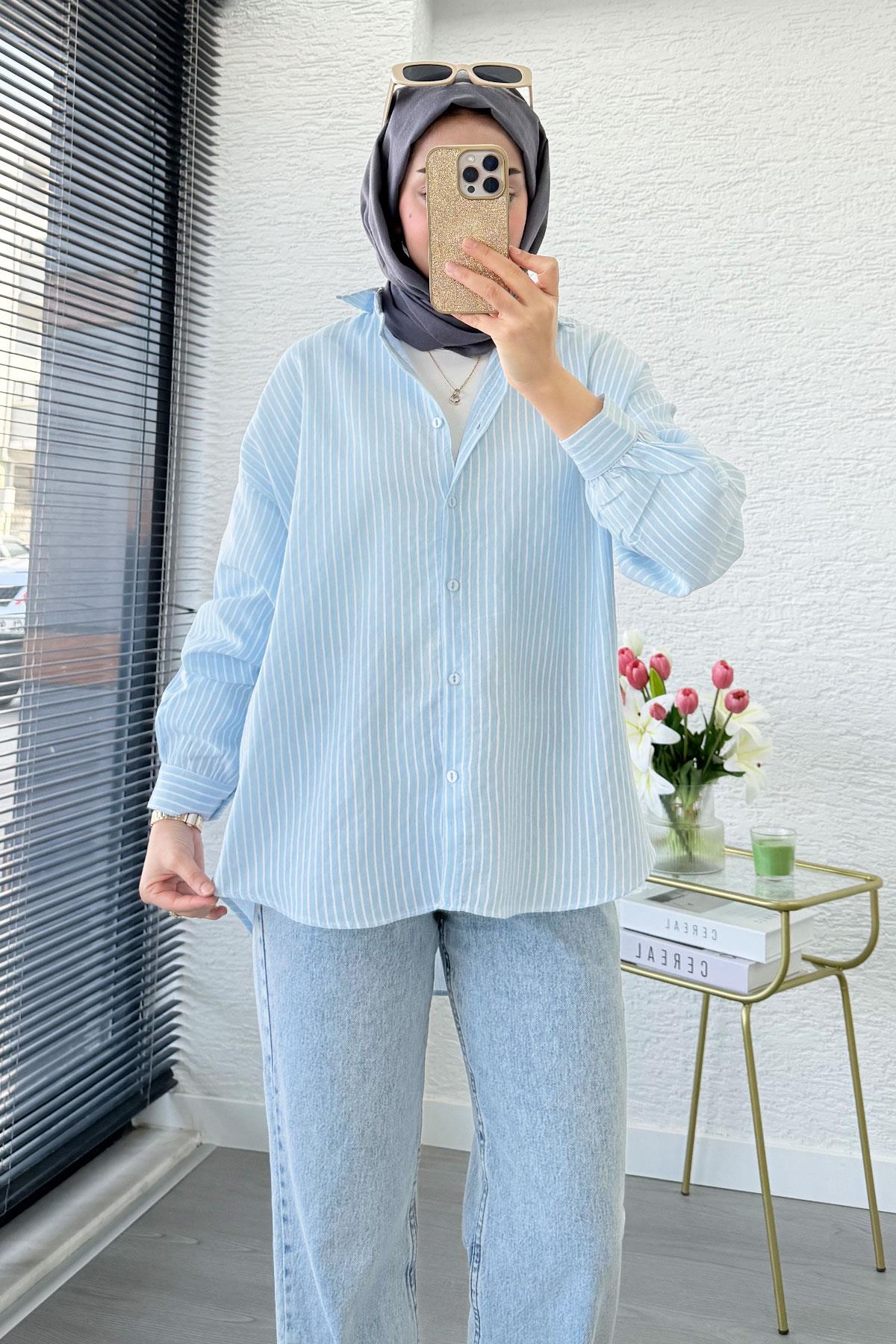 Çizgi Desen Oversize Kadın Gömlek – Mavi