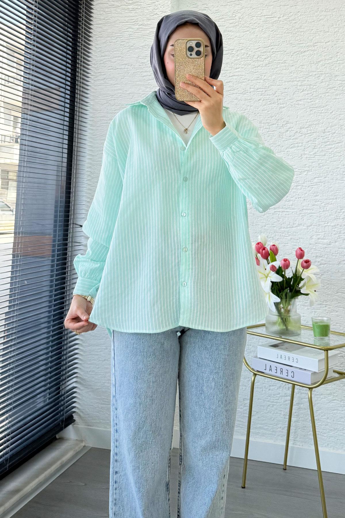 Çizgi Desen Oversize Kadın Gömlek – Mint