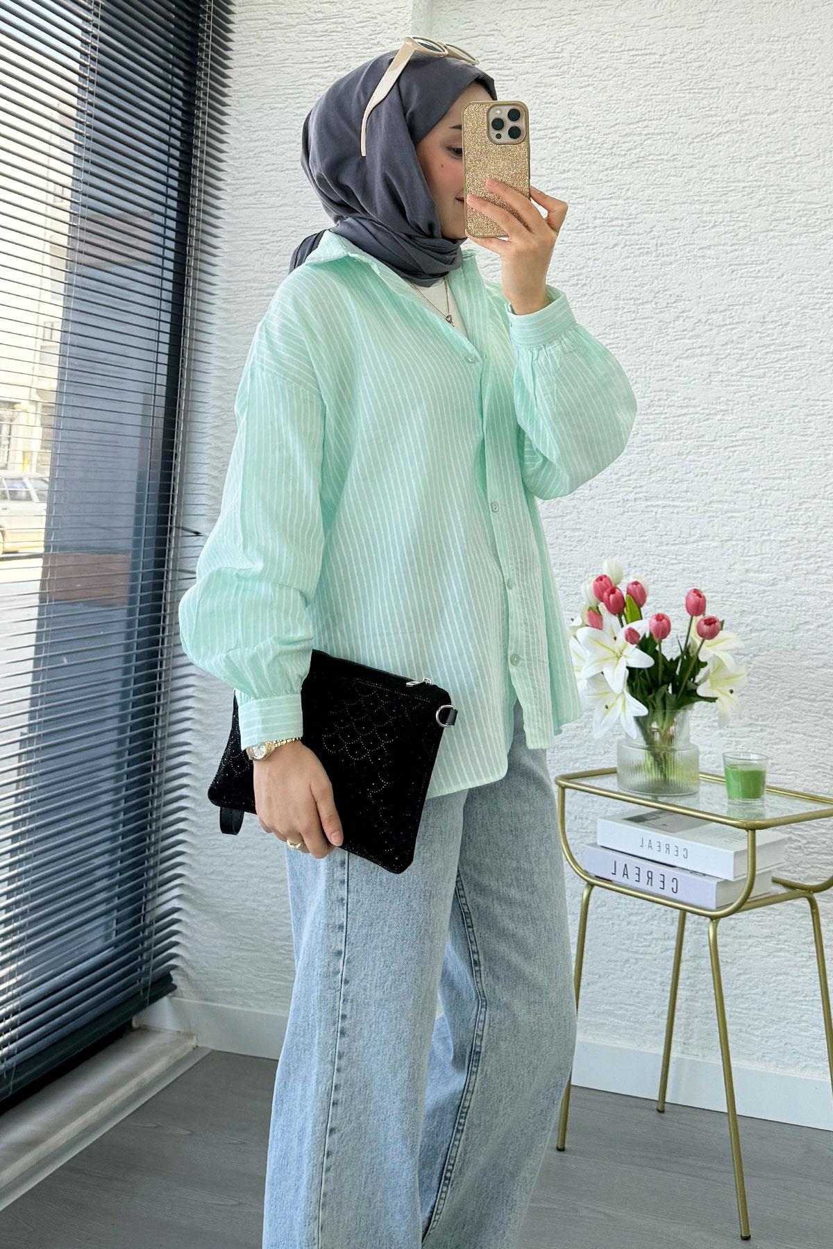 Çizgi Desen Oversize Kadın Gömlek – Mint