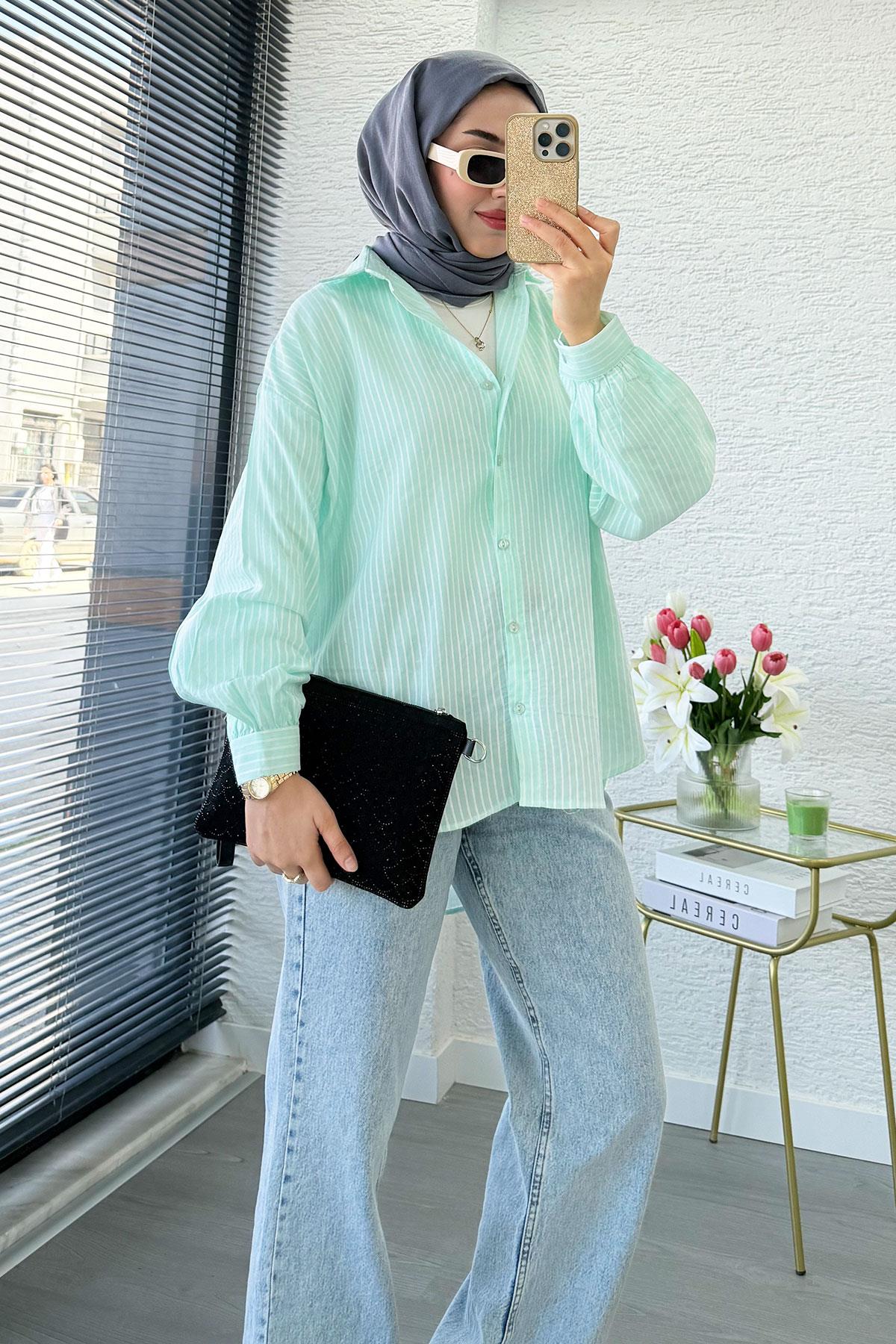 Çizgi Desen Oversize Kadın Gömlek – Mint
