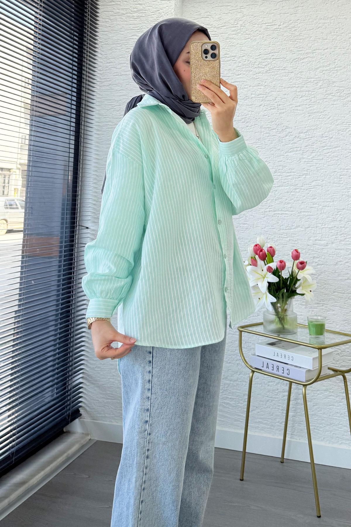 Çizgi Desen Oversize Kadın Gömlek – Mint