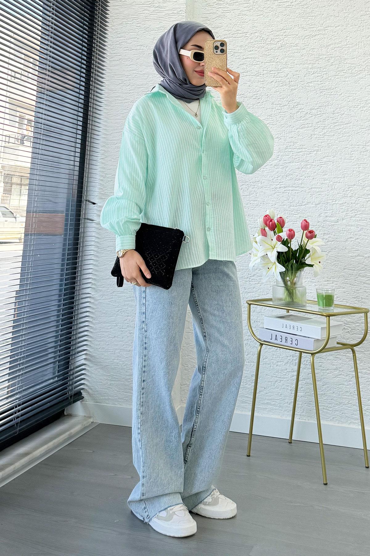 Çizgi Desen Oversize Kadın Gömlek – Mint