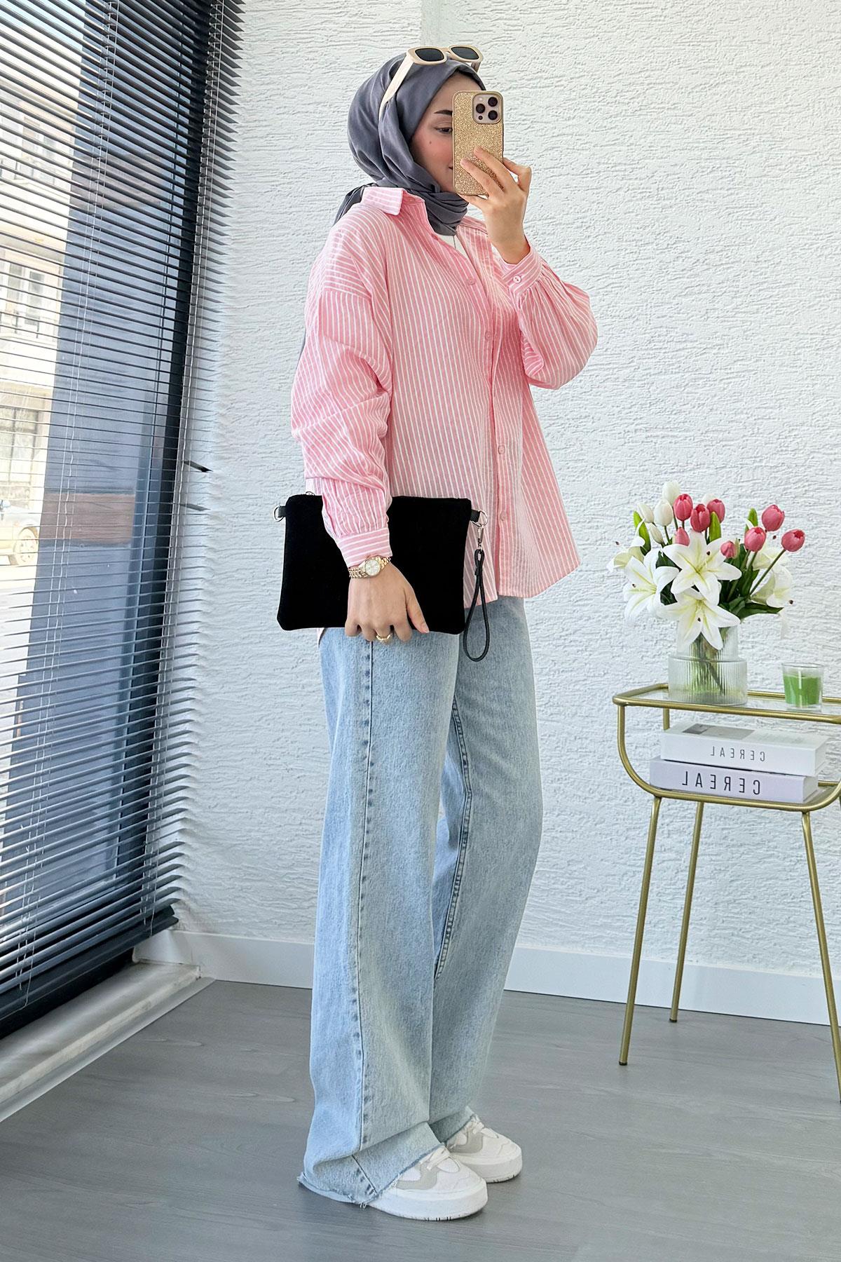 Çizgi Desen Oversize Kadın Gömlek – Pembe