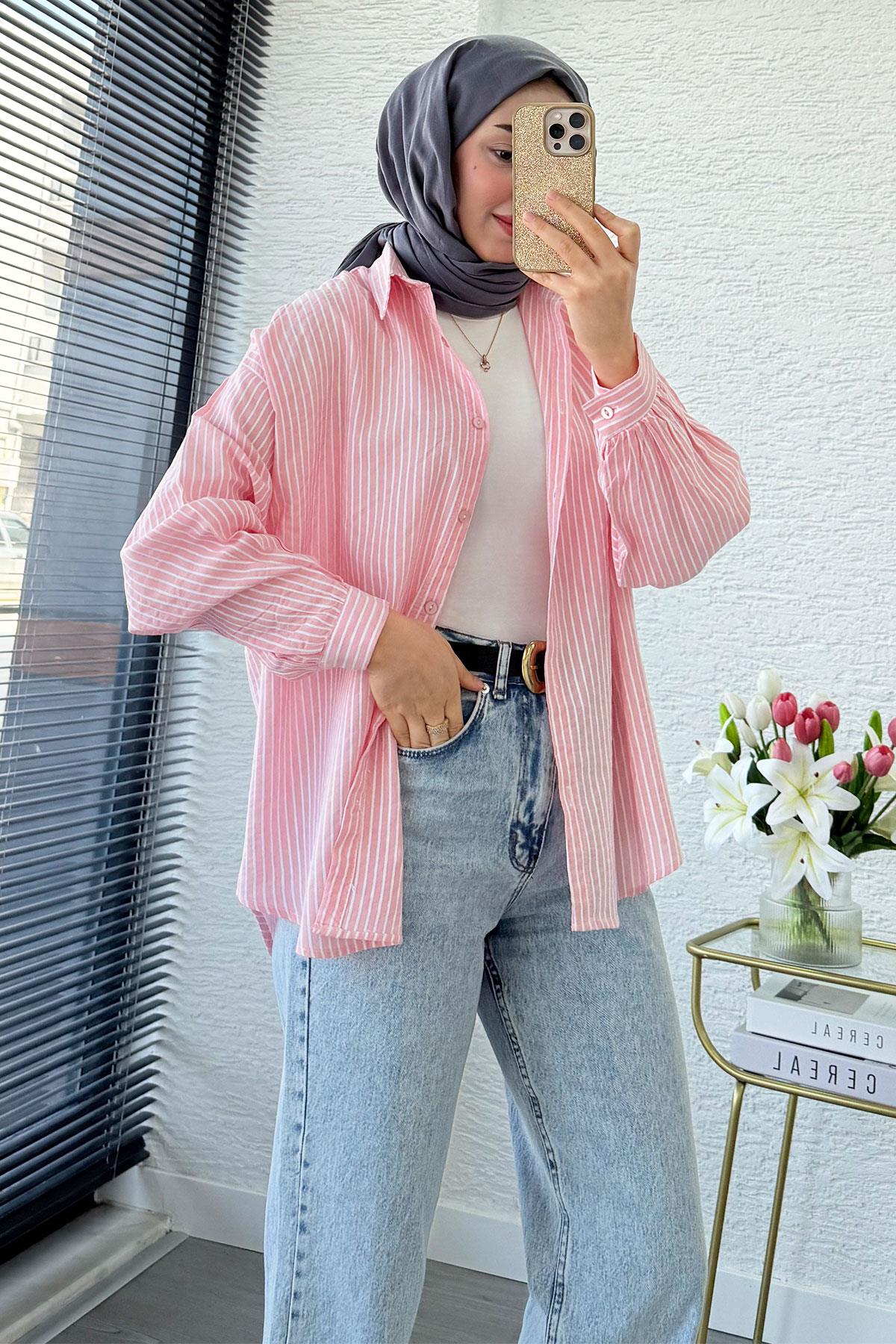 Çizgi Desen Oversize Kadın Gömlek – Pembe