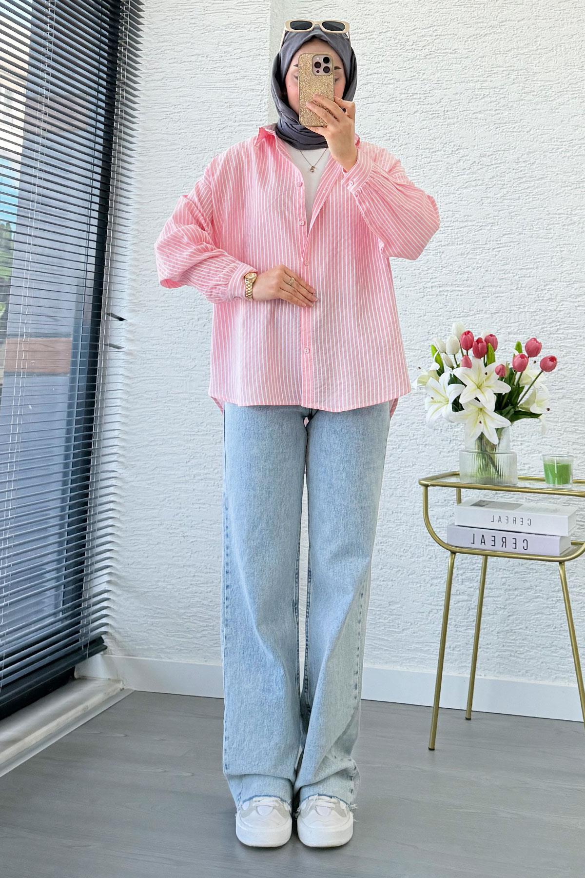 Çizgi Desen Oversize Kadın Gömlek – Pembe