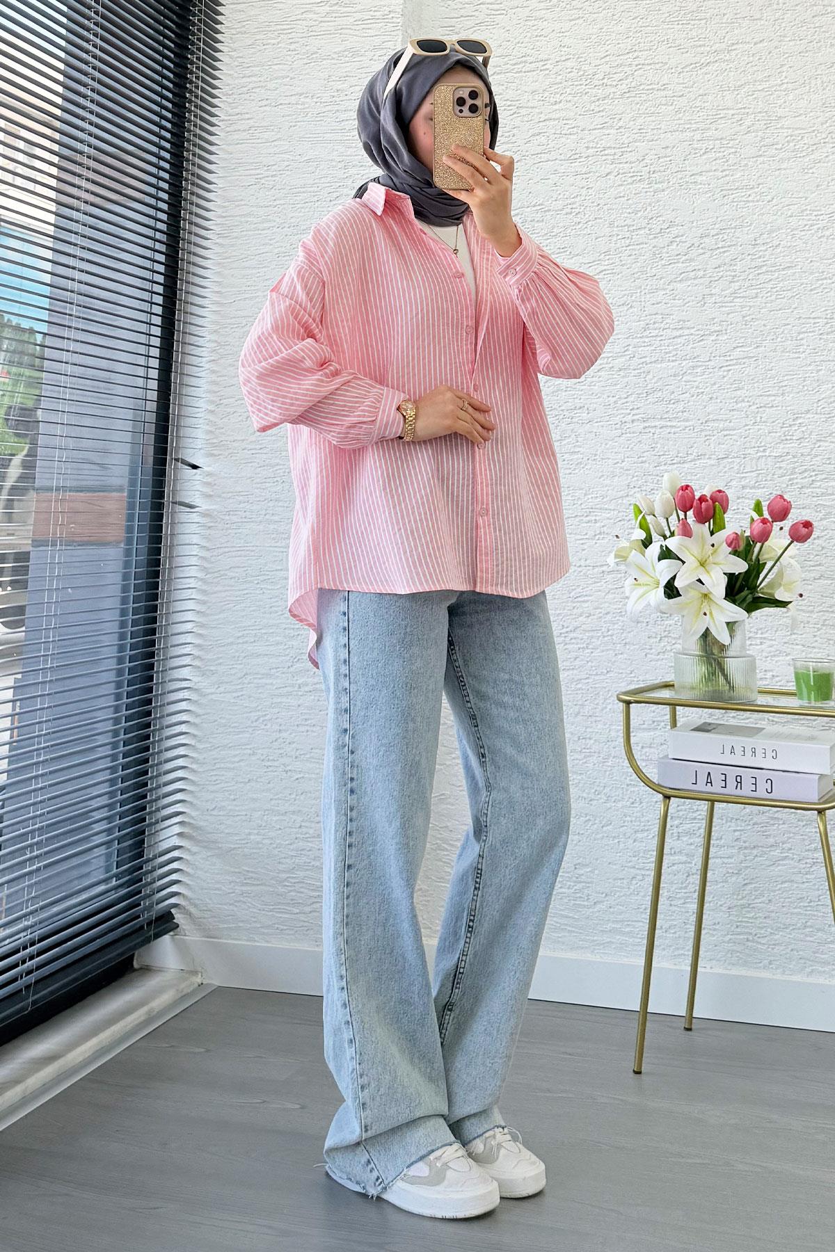 Çizgi Desen Oversize Kadın Gömlek – Pembe
