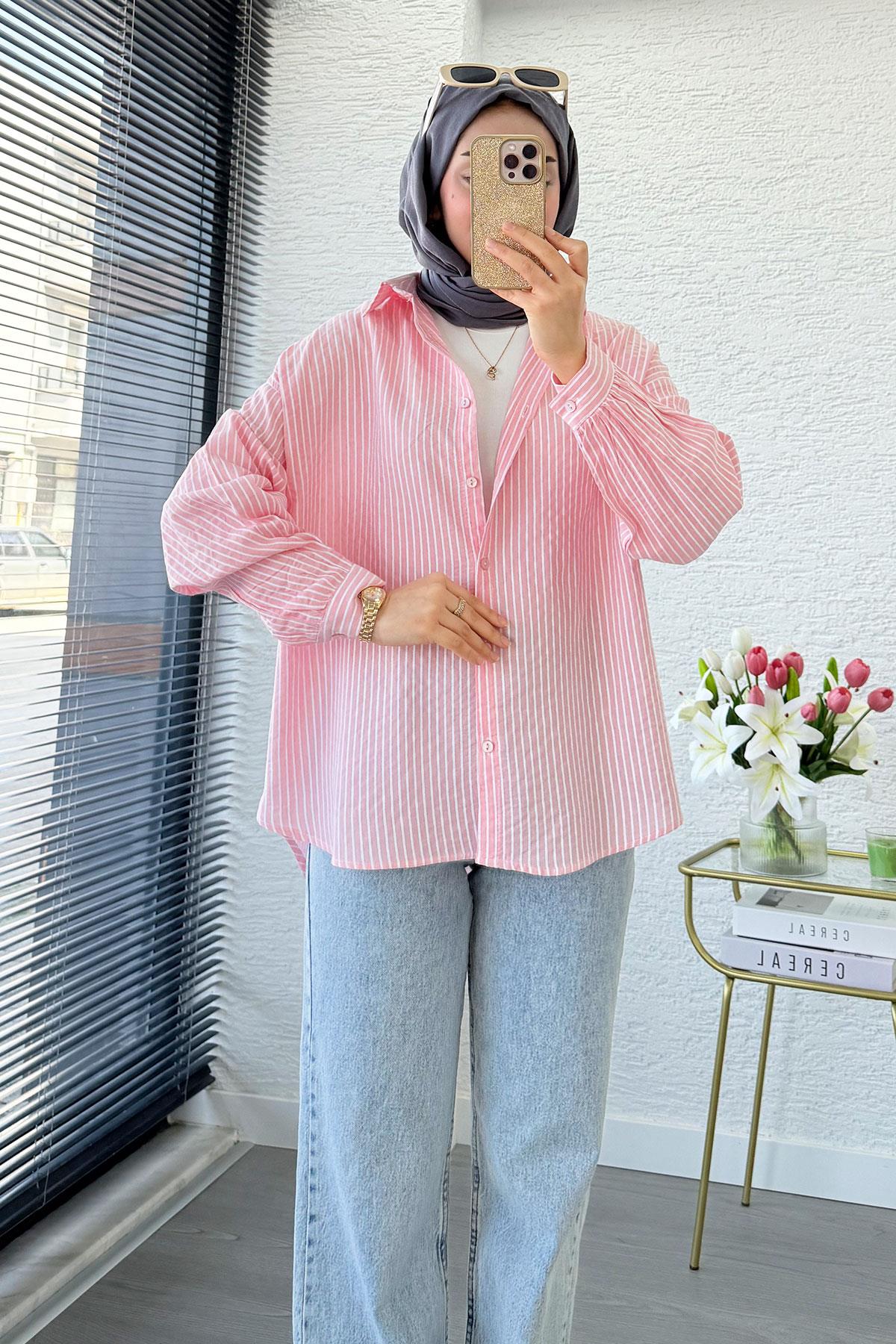 Çizgi Desen Oversize Kadın Gömlek – Pembe
