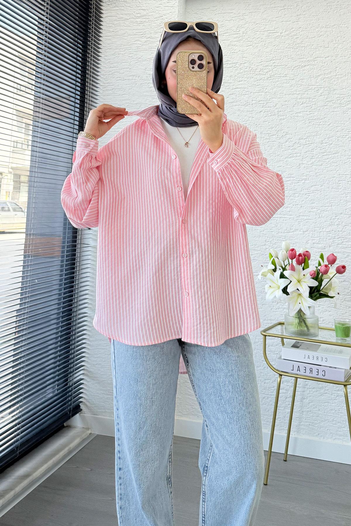 Çizgi Desen Oversize Kadın Gömlek – Pembe