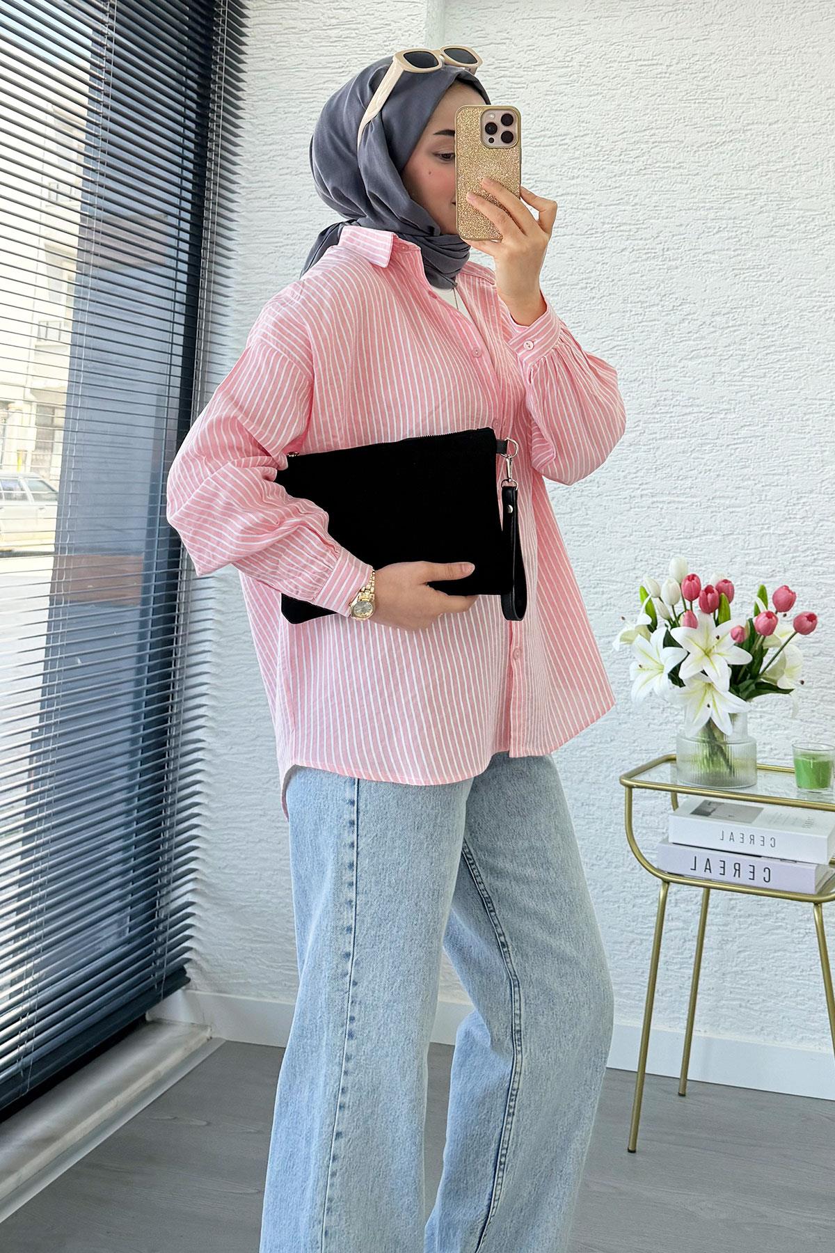 Çizgi Desen Oversize Kadın Gömlek – Pembe