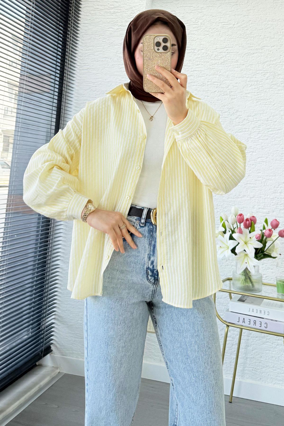 Çizgi Desen Oversize Kadın Gömlek – Sarı