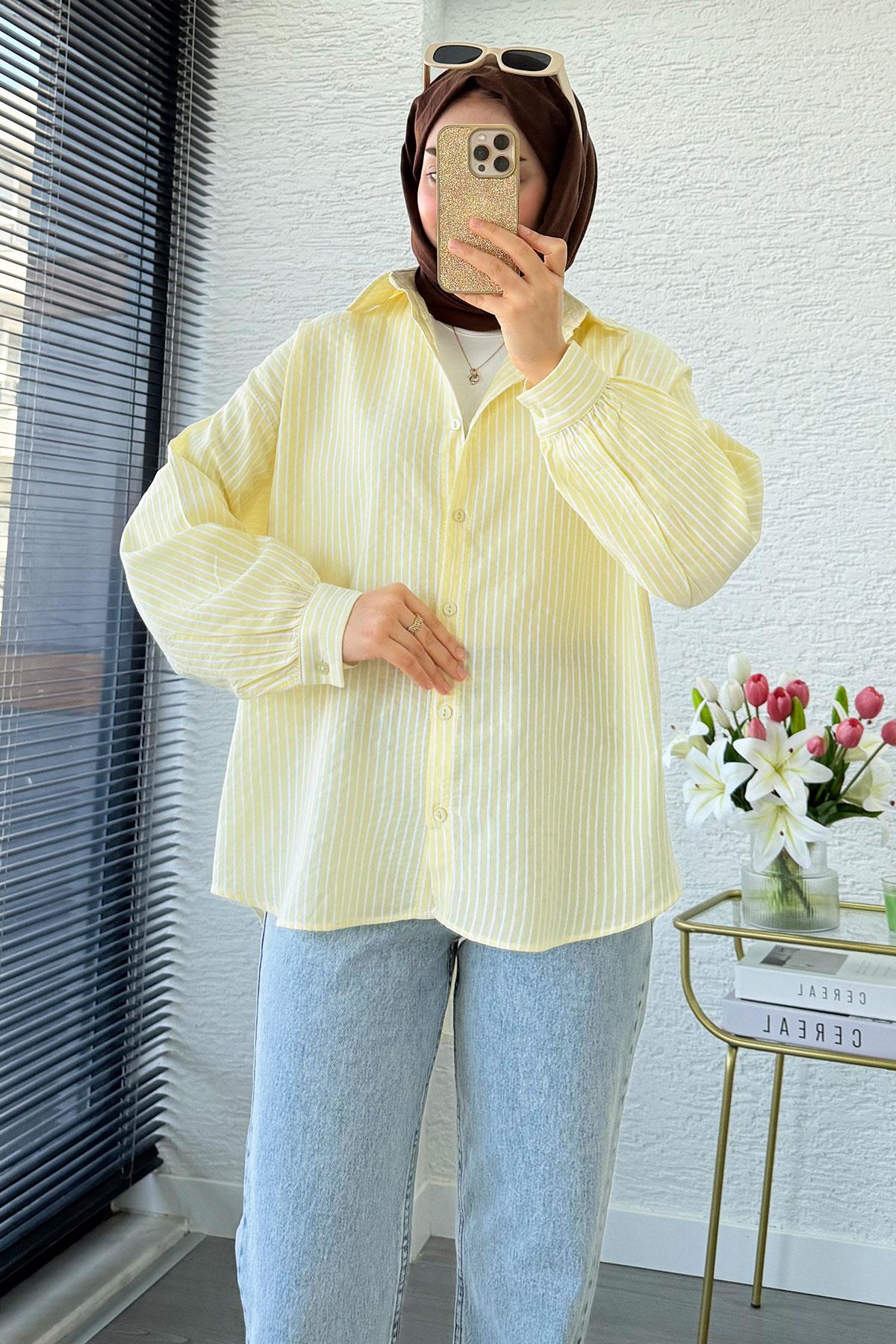 Çizgi Desen Oversize Kadın Gömlek – Sarı