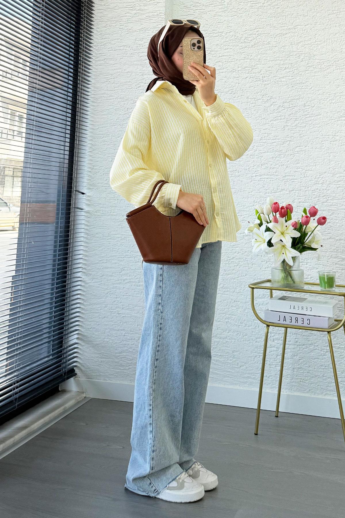 Çizgi Desen Oversize Kadın Gömlek – Sarı
