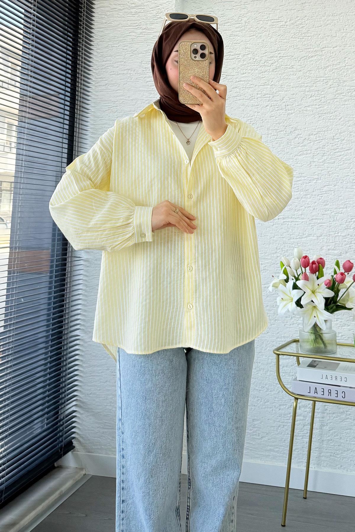 Çizgi Desen Oversize Kadın Gömlek – Sarı