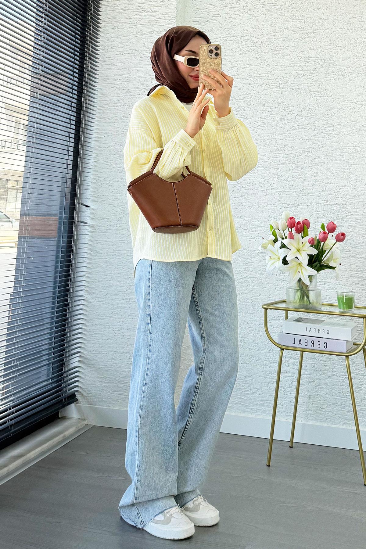 Çizgi Desen Oversize Kadın Gömlek – Sarı
