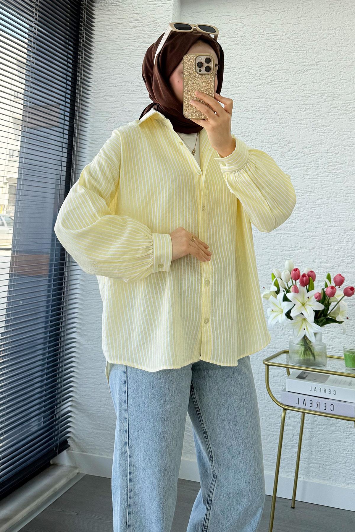 Çizgi Desen Oversize Kadın Gömlek – Sarı