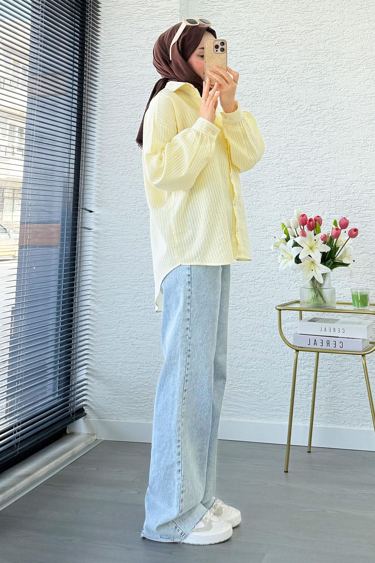 Çizgi Desen Oversize Kadın Gömlek – Sarı