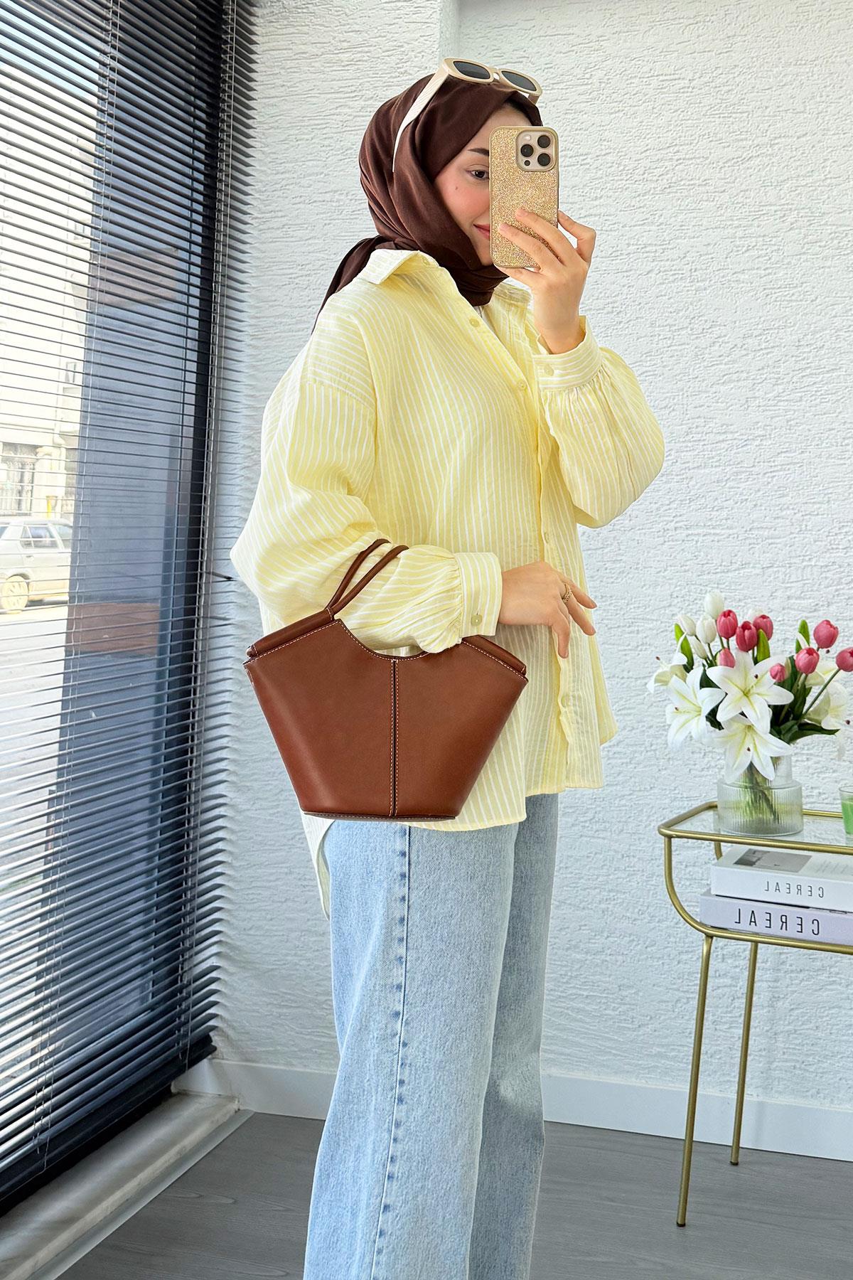 Çizgi Desen Oversize Kadın Gömlek – Sarı