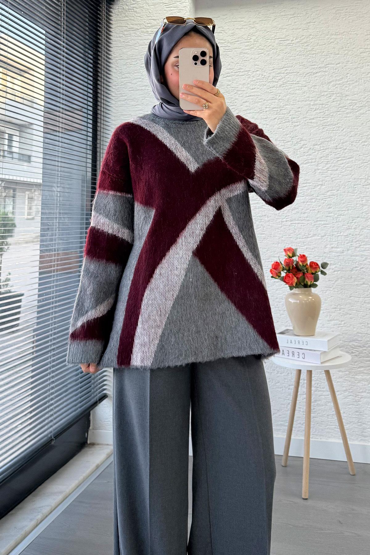 Çizgi Desen Oversize Triko Kazak – Bordo