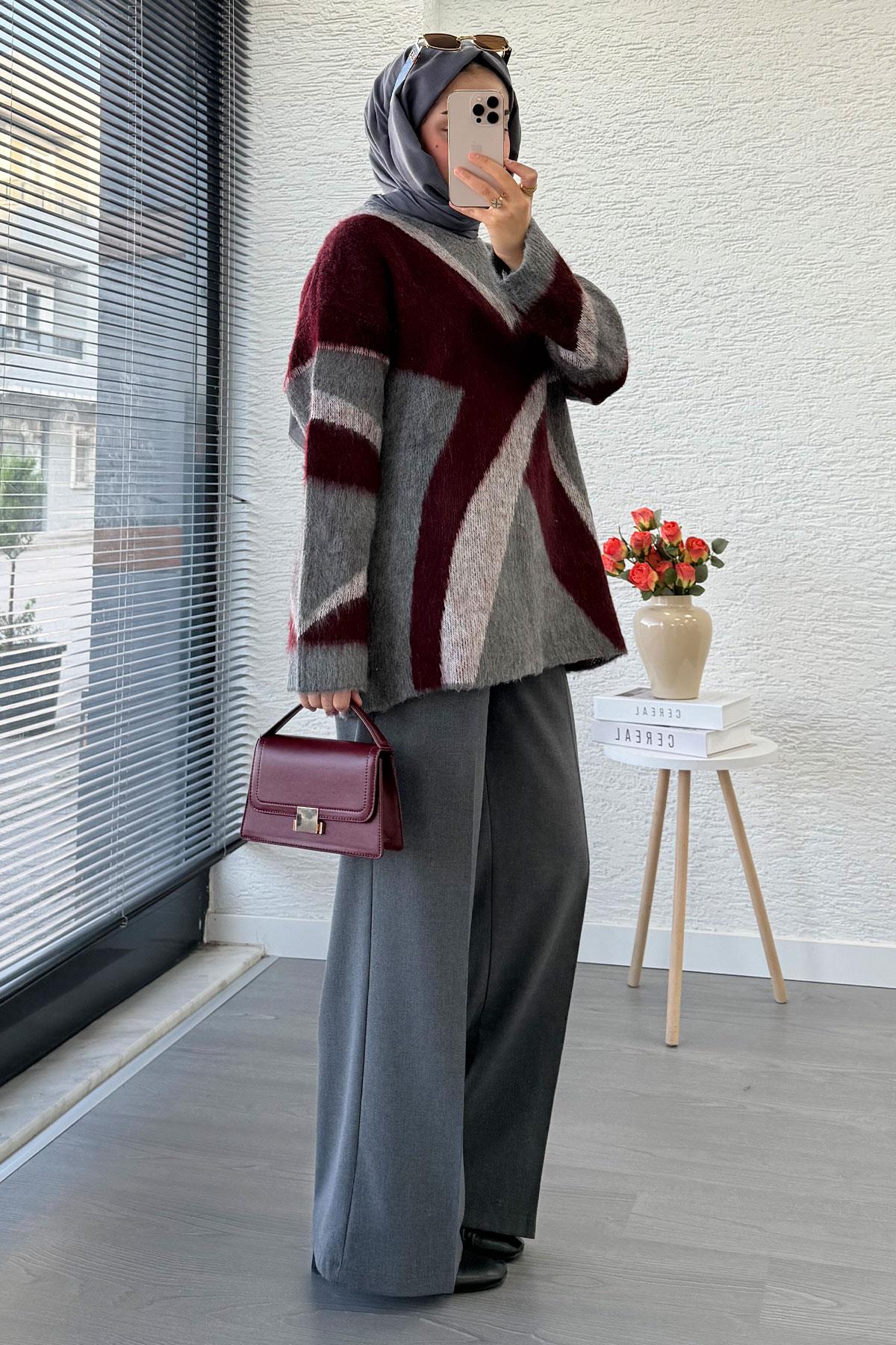 Çizgi Desen Oversize Triko Kazak – Bordo