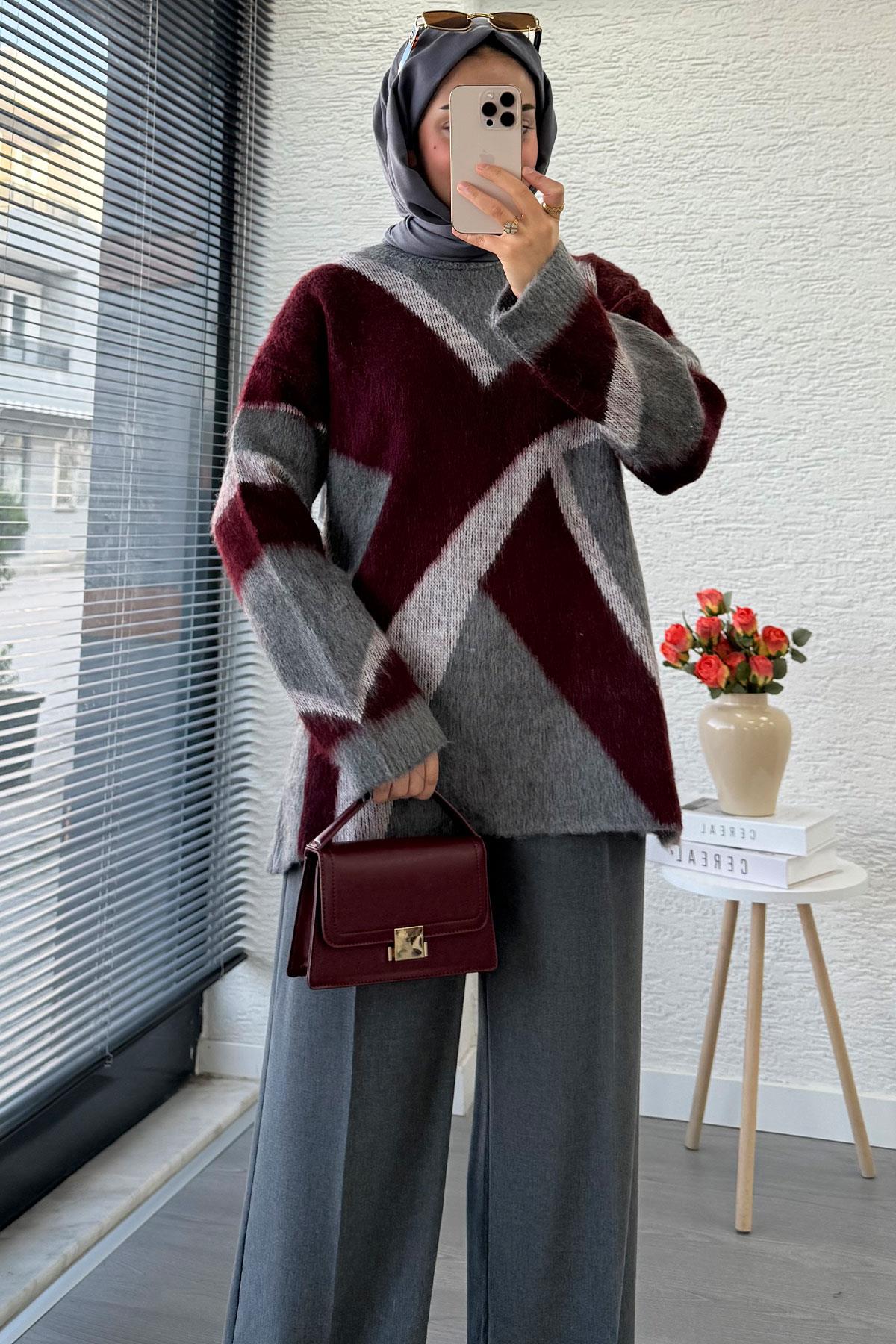 Çizgi Desen Oversize Triko Kazak – Bordo