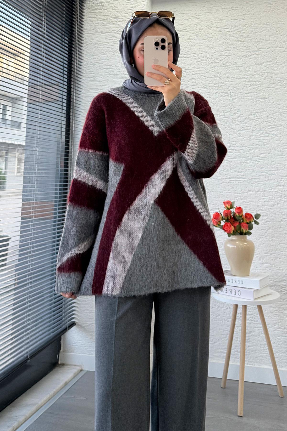 Çizgi Desen Oversize Triko Kazak – Bordo