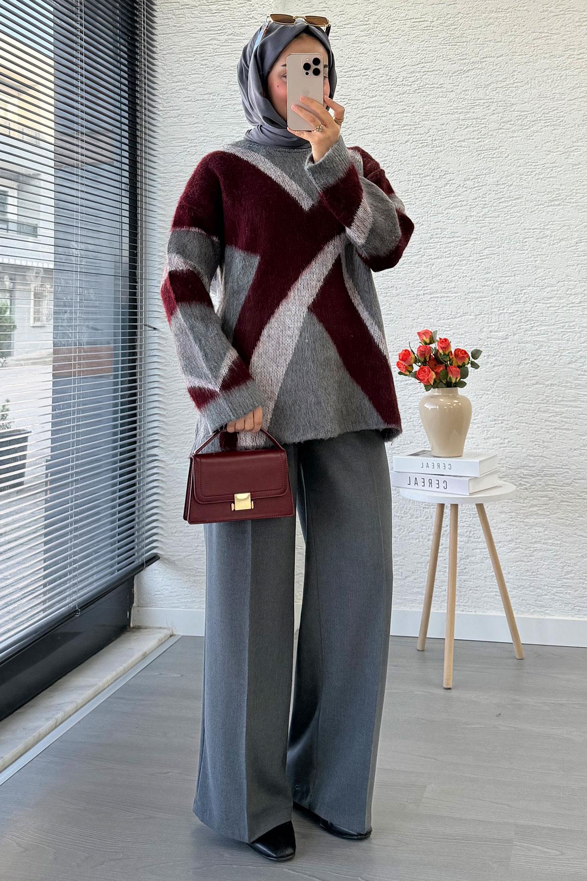 Çizgi Desen Oversize Triko Kazak – Bordo