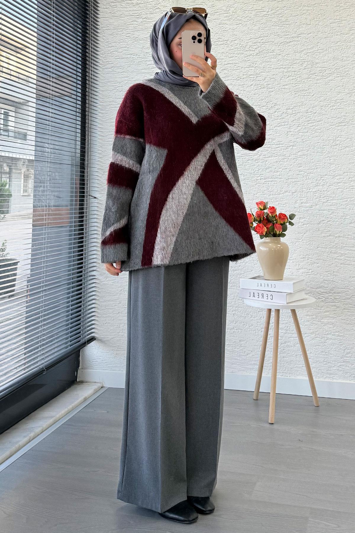Çizgi Desen Oversize Triko Kazak – Bordo