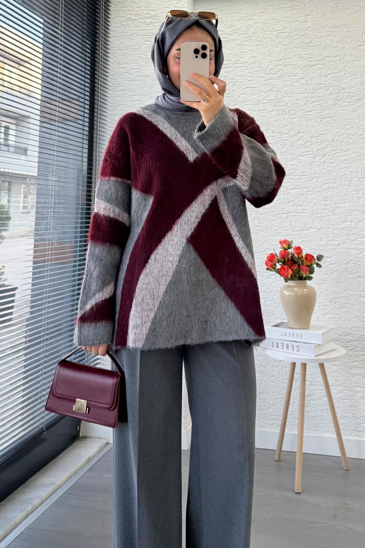 Çizgi Desen Oversize Triko Kazak – Bordo