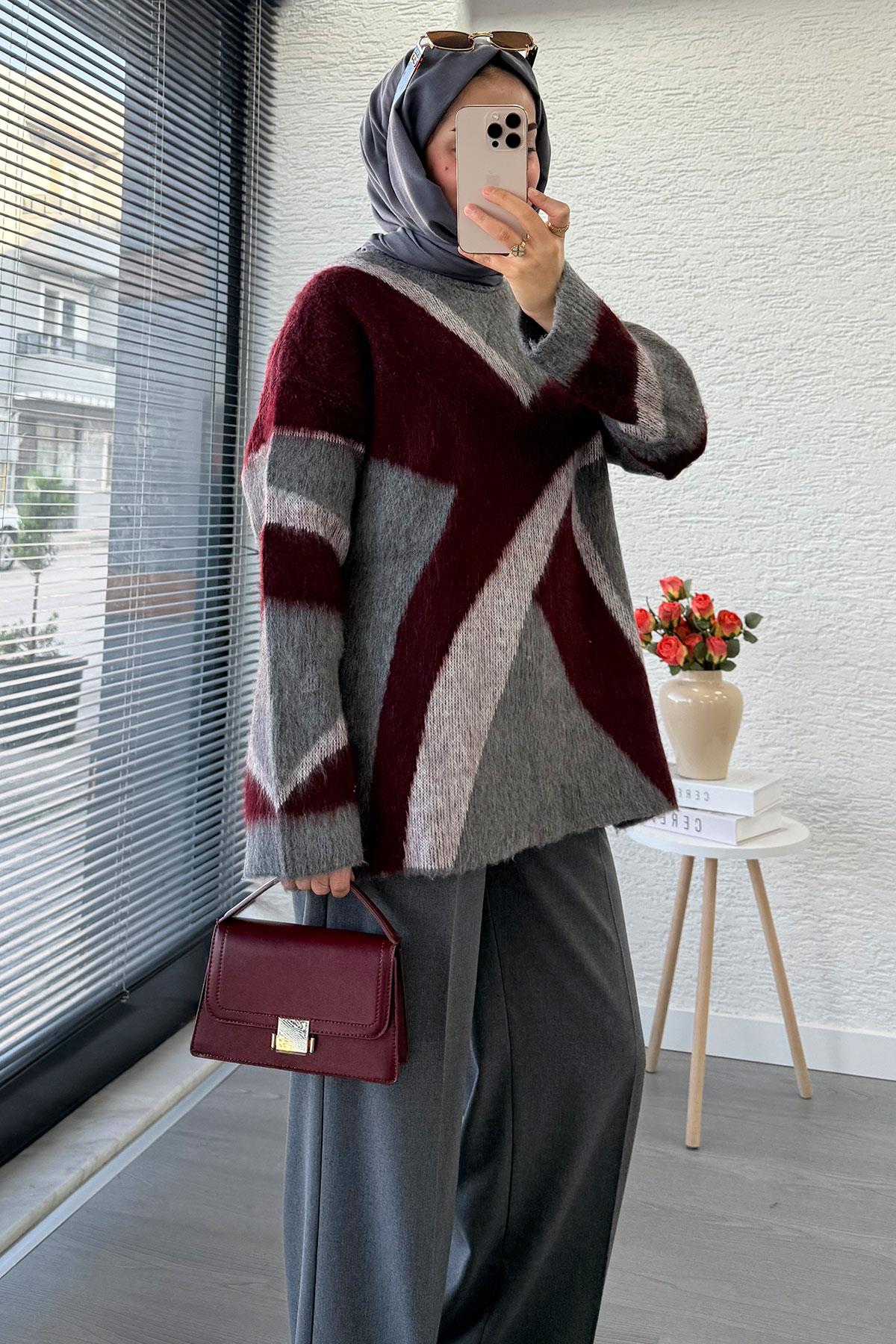 Çizgi Desen Oversize Triko Kazak – Bordo