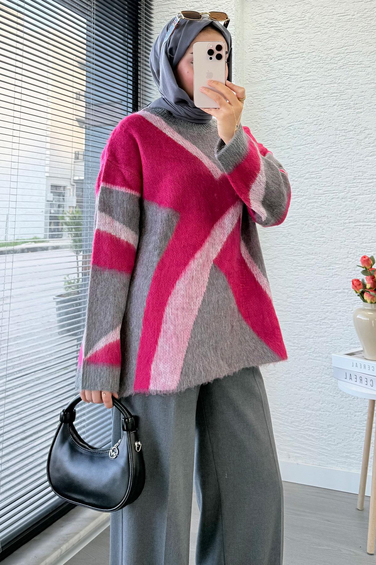 Çizgi Desen Oversize Triko Kazak – Fuşya