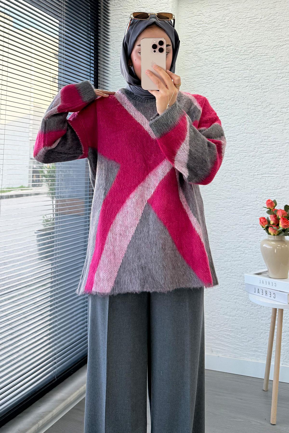 Çizgi Desen Oversize Triko Kazak – Fuşya