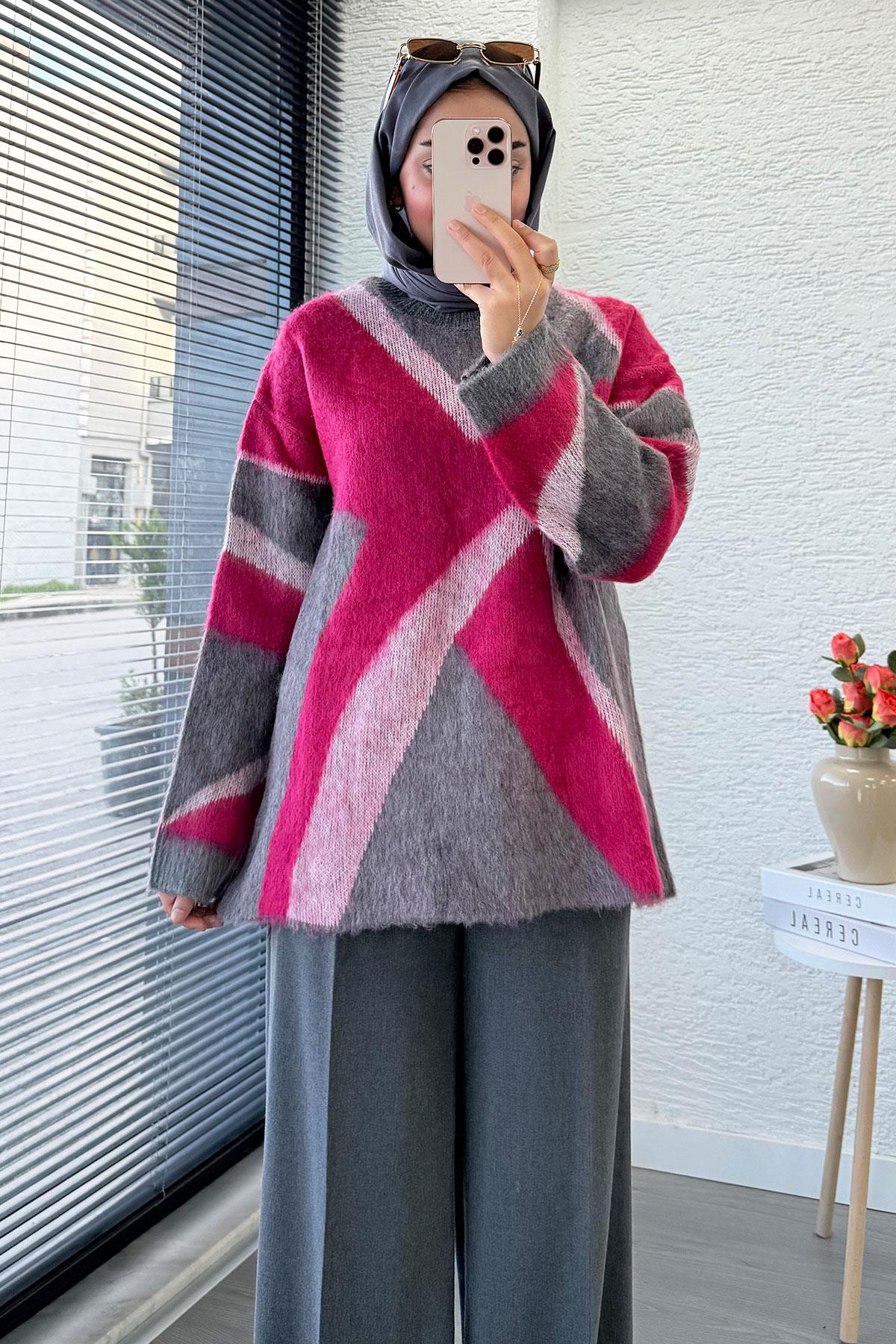 Çizgi Desen Oversize Triko Kazak – Fuşya