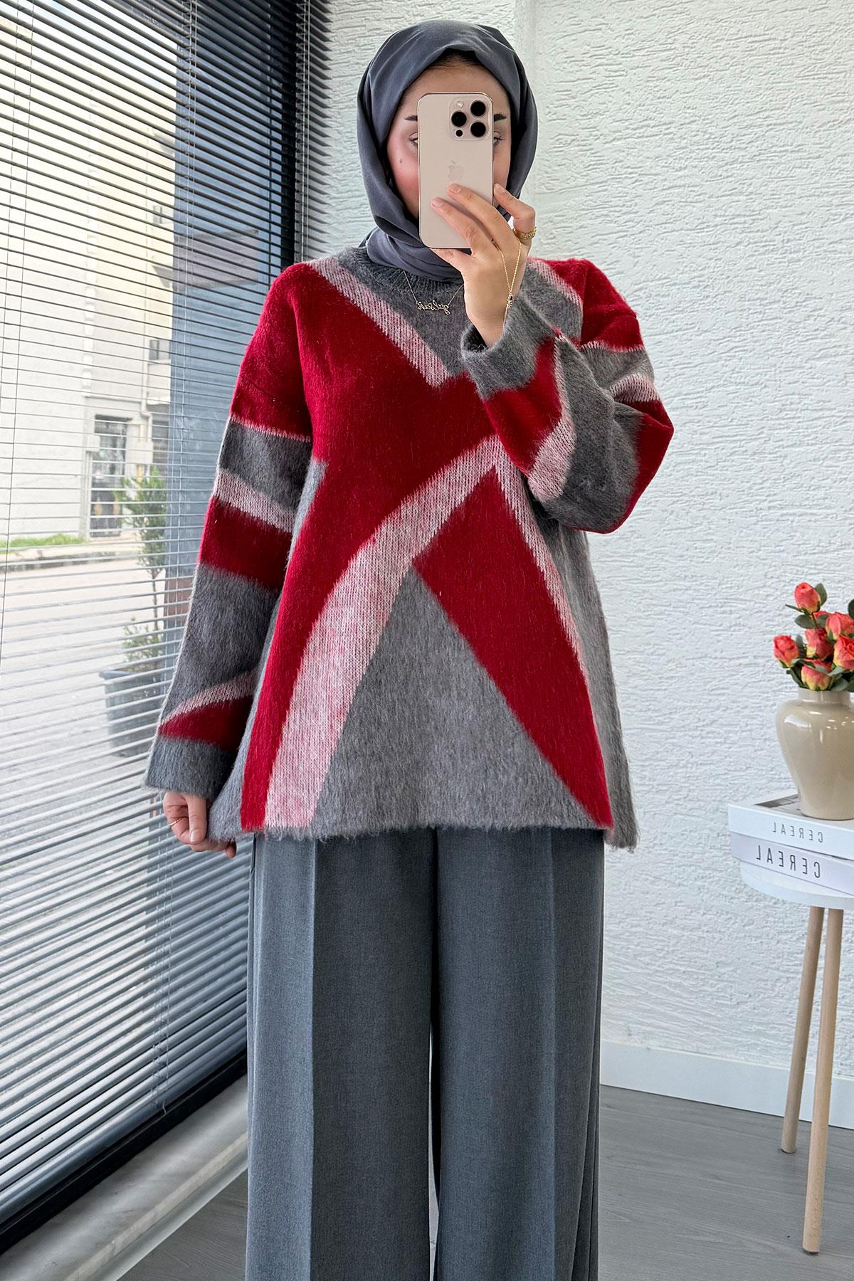 Çizgi Desen Oversize Triko Kazak – Kırmızı