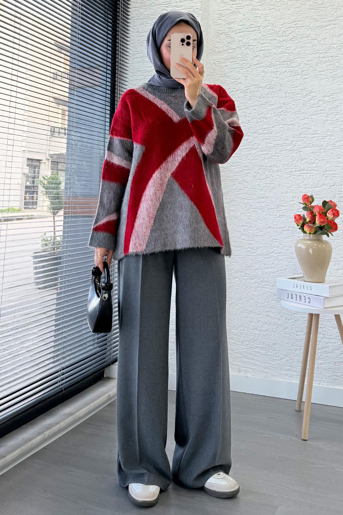 Çizgi Desen Oversize Triko Kazak – Kırmızı