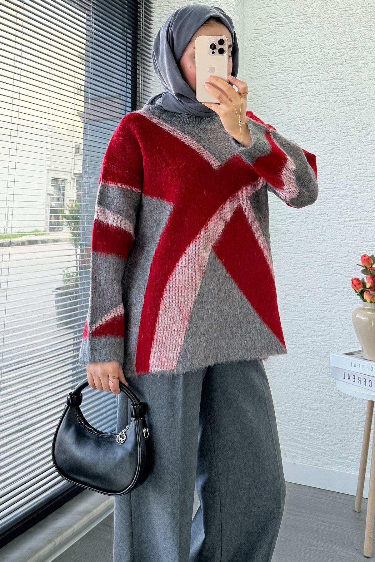 Çizgi Desen Oversize Triko Kazak – Kırmızı