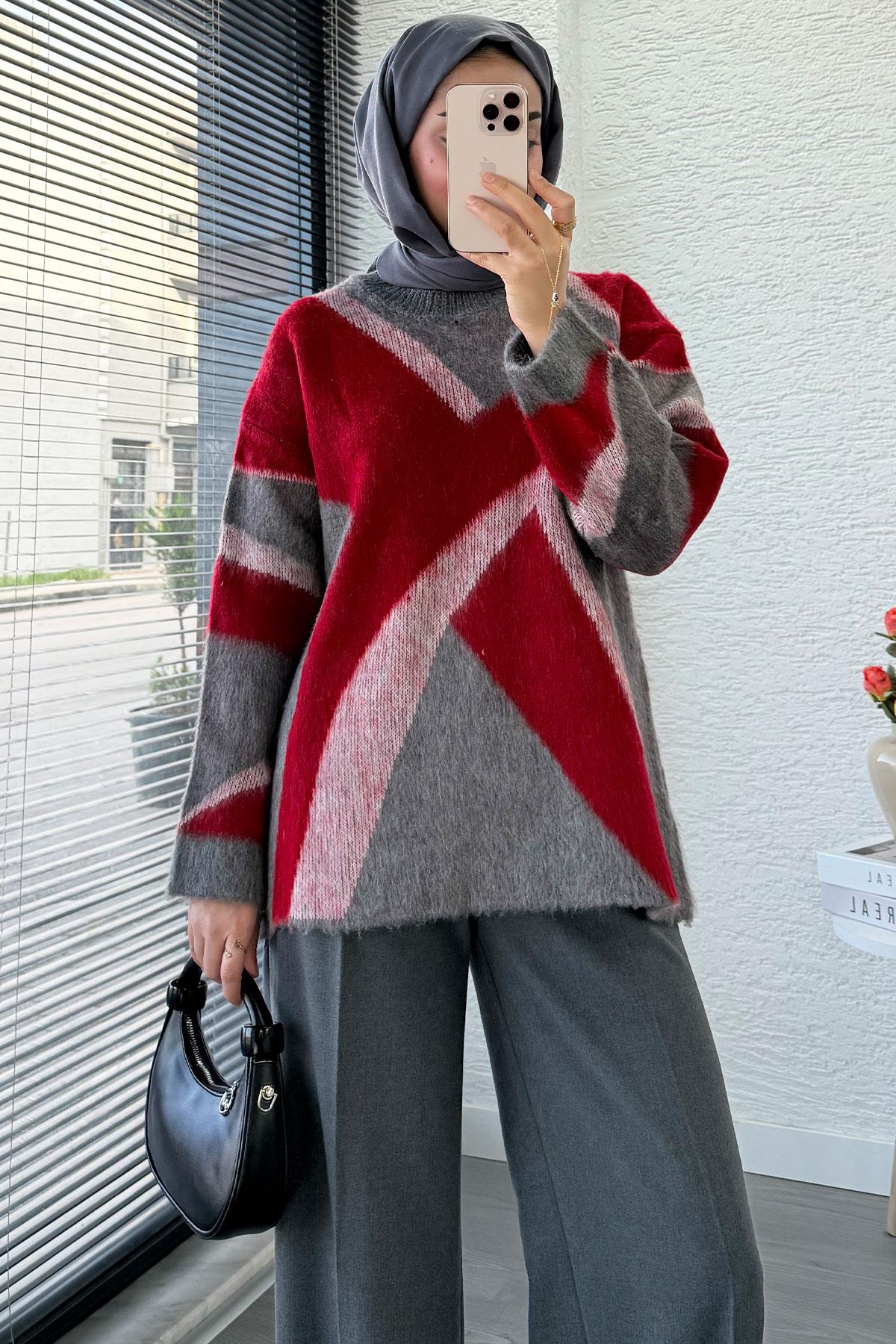 Çizgi Desen Oversize Triko Kazak – Kırmızı